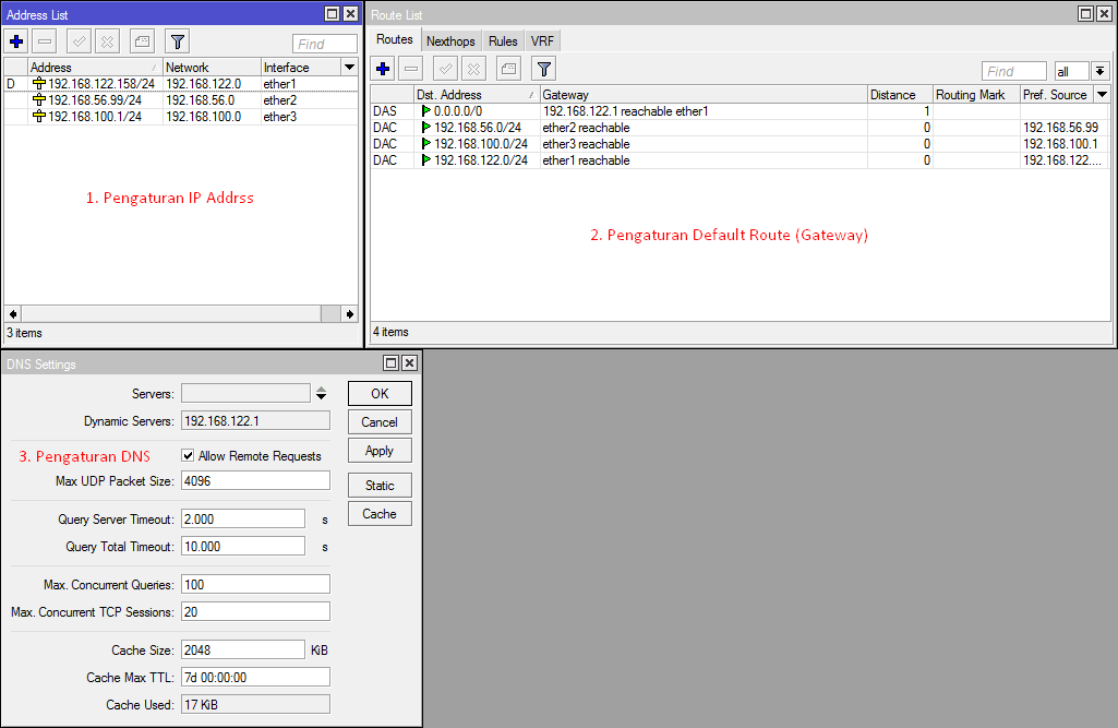Pengaturan IP Address, Default Route dan DNS